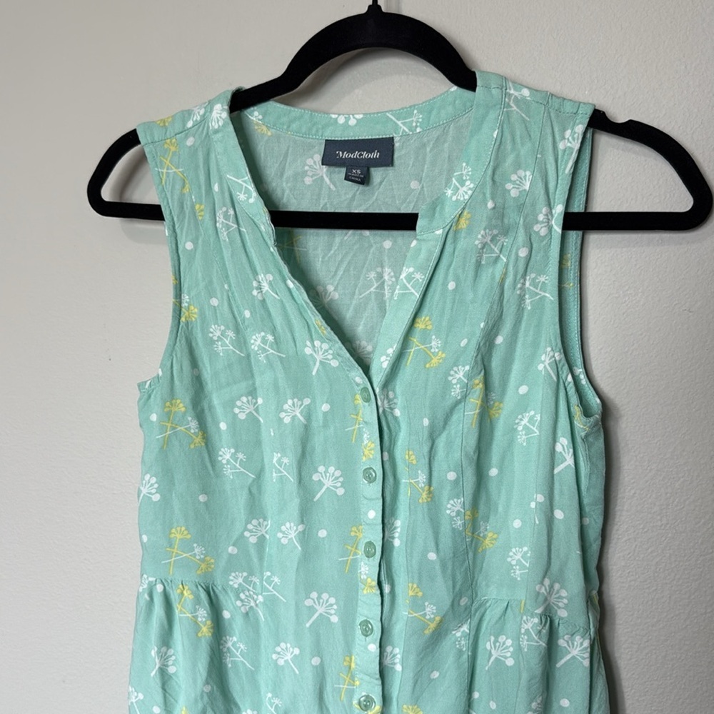ModCloth Retro Sleeveless Mint Green Tank Floral Button Up Dandelions XS - Picture 2 of 9